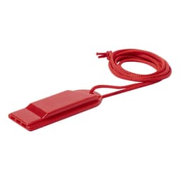 A red whistle with a braided cord, designed as a novelty item for fun and games.