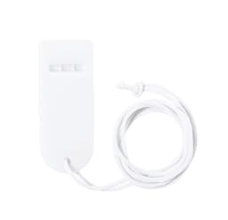 A white whistle with a textured surface and attached white string for easy carrying.