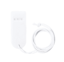 A white whistle attached to a white cord, featuring a simple design. The item includes a logo.