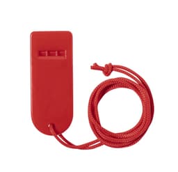A red whistle with a cord attached, designed as a novelty item for fun and games.
