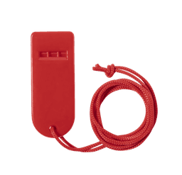 A red whistle with a braided red cord attached, designed for novelty use. It features a simple, smooth design.
