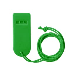 A green whistle with a textured surface and a matching cord attached for easy carrying.
