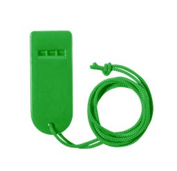 A green whistle with a long, matching cord for easy carrying. The item features a simple, flat design.