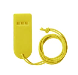 A yellow whistle with a textured surface and a attached cord for easy handling. It features a logo on the side.