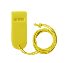 A bright yellow whistle with a braided yellow cord attached, featuring a logo on the front.