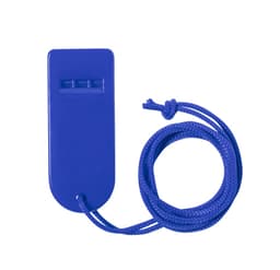 A blue whistle with a cord attached, featuring three holes for sound variation. It includes a logo.