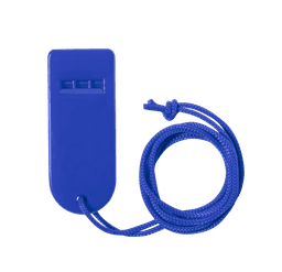 A blue whistle with a textured surface and a braided cord attached.