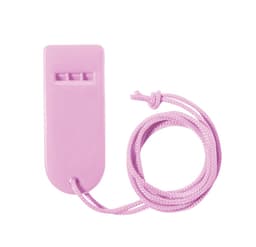 A pink whistle with a lanyard attached. The whistle features three holes for sound variation.