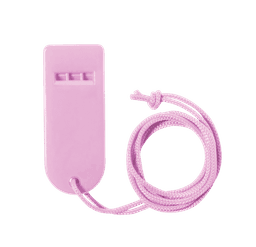 A pink whistle with a braided cord attached, designed as a fun novelty item. It features a simple, smooth design.