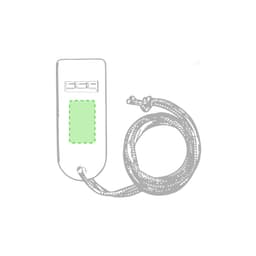 A novelty whistle in white with a green section and a black cord attached. Features a logo.