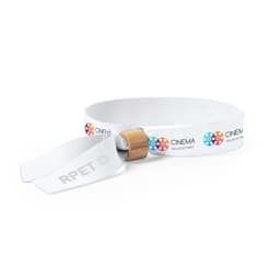 A white wristband made of RPET material featuring a wooden fastener and colourful branding elements.