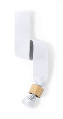 A white wristband with a wooden fastening, designed for events and exhibitions. Includes a logo.