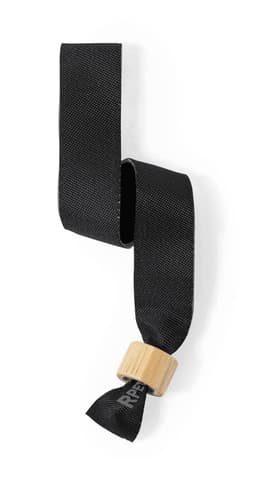 A black fabric wristband featuring a wooden accent. Suitable for exhibitions and events.