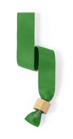 A green fabric bracelet with a wooden clasp, designed for events and exhibitions.
