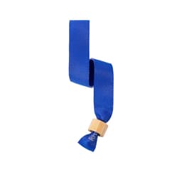A blue wristband featuring a bamboo bead, designed for events and exhibitions. It has a sleek fabric finish.