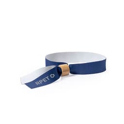 A navy wristband made from RPET material, featuring a silver and bamboo clasp.