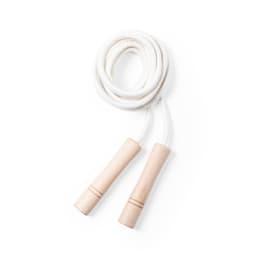 A skipping rope with wooden handles and a white, textured rope body. It has a simple, minimal design.