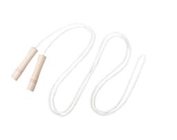 A white skipping rope with wooden handles, featuring a simple, classic design.