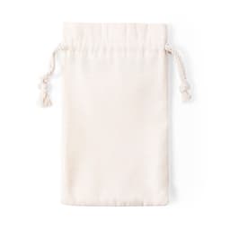 A light beige drawstring bag made of fabric, featuring a textured surface and tied with braided cords.