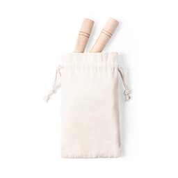 A beige drawstring bag containing two wooden sticks. The bag has a simple, natural design and a logo.