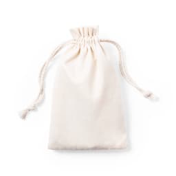 A cream drawstring bag made of cotton fabric, featuring a rope closure at the top.