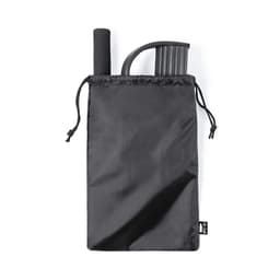 A black drawstring bag containing a grey exercise band and a handle. The bag has a logo.