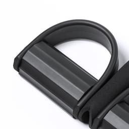 A black exercise band with padded grips, designed for sports and outdoor activities, featuring a logo.