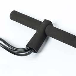 A black exercise band with a handle, designed for various fitness routines, featuring a minimalist design and a logo.