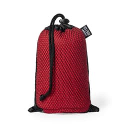A red and black mesh drawstring bag with a toggle closure, featuring a small logo tag.