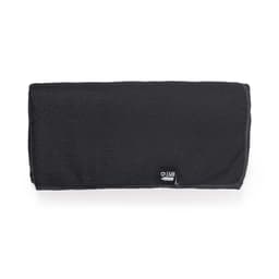 A dark grey absorbent towel with a logo, folded neatly in a rectangular shape.