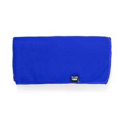 A blue absorbent towel featuring a branding label. Suitable for health and personal use.