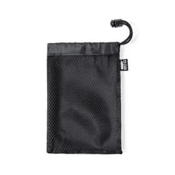 A black mesh drawstring bag with a toggle closure, featuring a branded label.