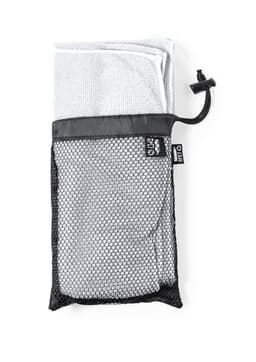 A grey absorbent towel folded and stored in a black mesh bag, featuring a drawstring closure.