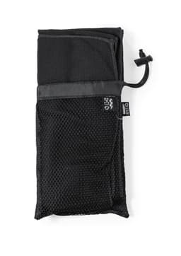 A black absorbent towel neatly folded in a mesh pouch with a drawstring closure. It features a logo.