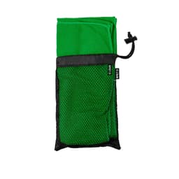 A green absorbent towel packaged in a black mesh bag, featuring a drawstring closure.