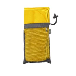 A yellow absorbent towel packaged in a black mesh pouch with a drawstring. Features a logo on the pouch.