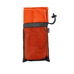 An orange absorbent towel folded inside a black mesh pouch, featuring a drawstring closure.