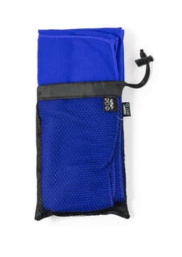 A blue absorbent towel in a black mesh carrying case with a drawstring closure.