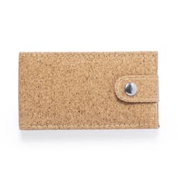 A tan burlap-style case with a snap closure, designed for holding a small manicure set. It features a logo.