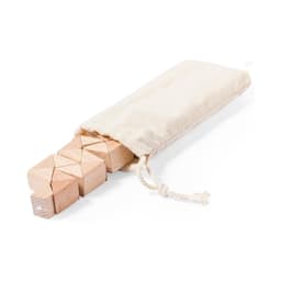 A set of wooden puzzle blocks in a natural cotton bag, featuring a light wooden colour and geometric shapes.