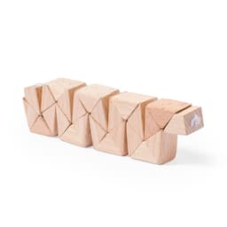 A wooden skill game featuring interconnected blocks that form a snake-like shape, showcasing natural wood tones.