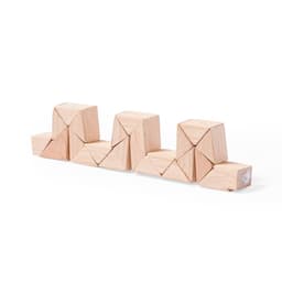A set of wooden geometric blocks arranged in a line, featuring natural wood colour and various shapes.