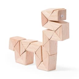 A wooden building toy featuring interlocking geometric shapes arranged to form an abstract creature.