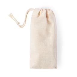A natural cotton drawstring bag in a light cream shade, featuring a simple closure at the top.