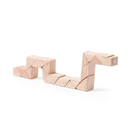 A wooden puzzle game with interconnected, angled segments arranged in a snake-like shape, showcasing a natural light colour.