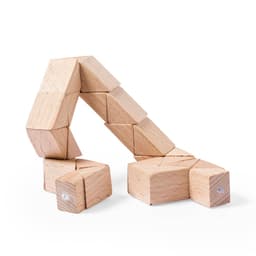 A set of wooden blocks in natural colour, arranged in a zigzag pattern, featuring a logo.