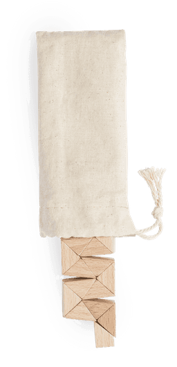 A beige canvas bag containing wooden blocks shaped like geometric figures, featuring a light wood colour.