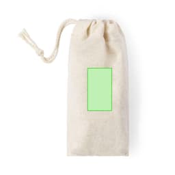 A natural cotton drawstring bag in beige, featuring a green rectangular area for branding or logo placement.