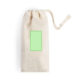 A cream canvas bag with a drawstring closure, featuring a green rectangular area.