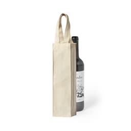 A natural canvas tote bag designed to hold a wine bottle, featuring a logo on the side.